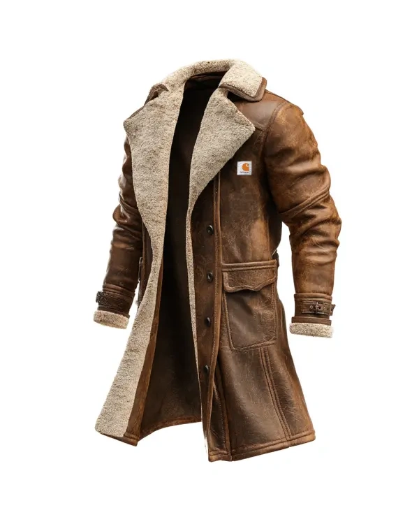 Men’s Vintage Brown Suede Leather Coat with Faux Fur Lining – Stylish & Warm