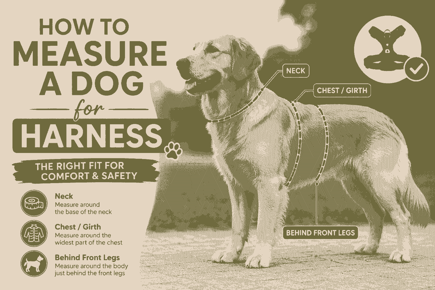 Golden retriever dog with measurement lines showing neck, chest, and girth areas for choosing the correct harness size and fit