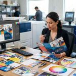 Professional print shop workspace showing a designer reviewing a full-color business brochure before printing, vibrant brochure samples spread across a desk, color swatches, printing proofs, high-resolution images on a computer screen, commercial digital printing equipment in the background, modern office environment, realistic photography, sharp details, bright colors, marketing materials, premium brochure printing concept, depth of field, ultra-high resolution, commercial advertising style.