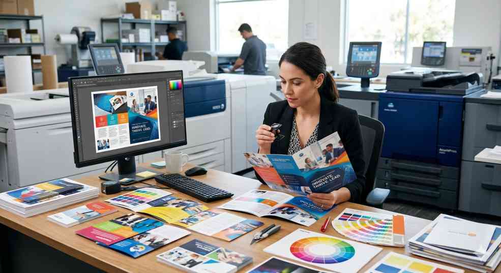 Professional print shop workspace showing a designer reviewing a full-color business brochure before printing, vibrant brochure samples spread across a desk, color swatches, printing proofs, high-resolution images on a computer screen, commercial digital printing equipment in the background, modern office environment, realistic photography, sharp details, bright colors, marketing materials, premium brochure printing concept, depth of field, ultra-high resolution, commercial advertising style.