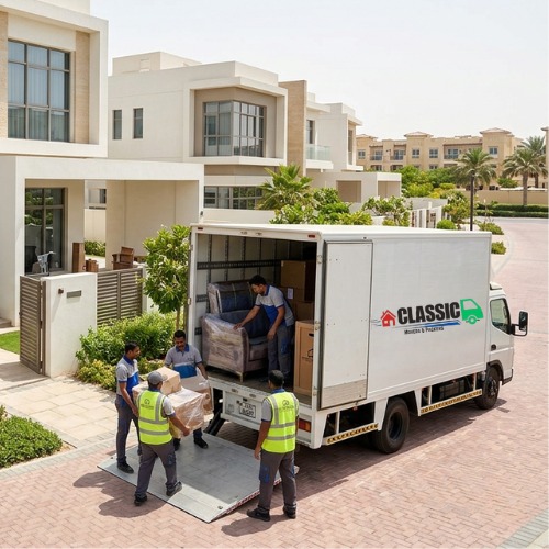 Classic Movers truck and moving crew carrying boxes during a villa relocation in Business Bay Dubai with Burj Khalifa in the background.