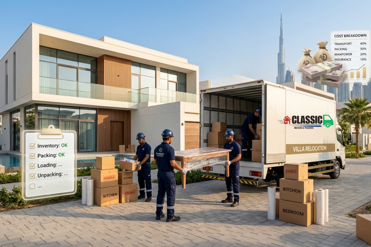 Professional JVC movers carefully packing, loading, and transporting household furniture and office items during a safe and organized relocation in Dubai.