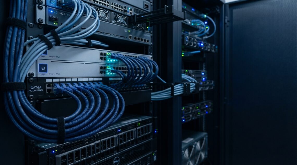 Cat6a Ethernet cable connected to a high-speed network switch