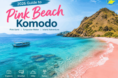 ALT Text: Pink Beach Komodo with pink sand, turquoise water, and scenic hills in Komodo National Park