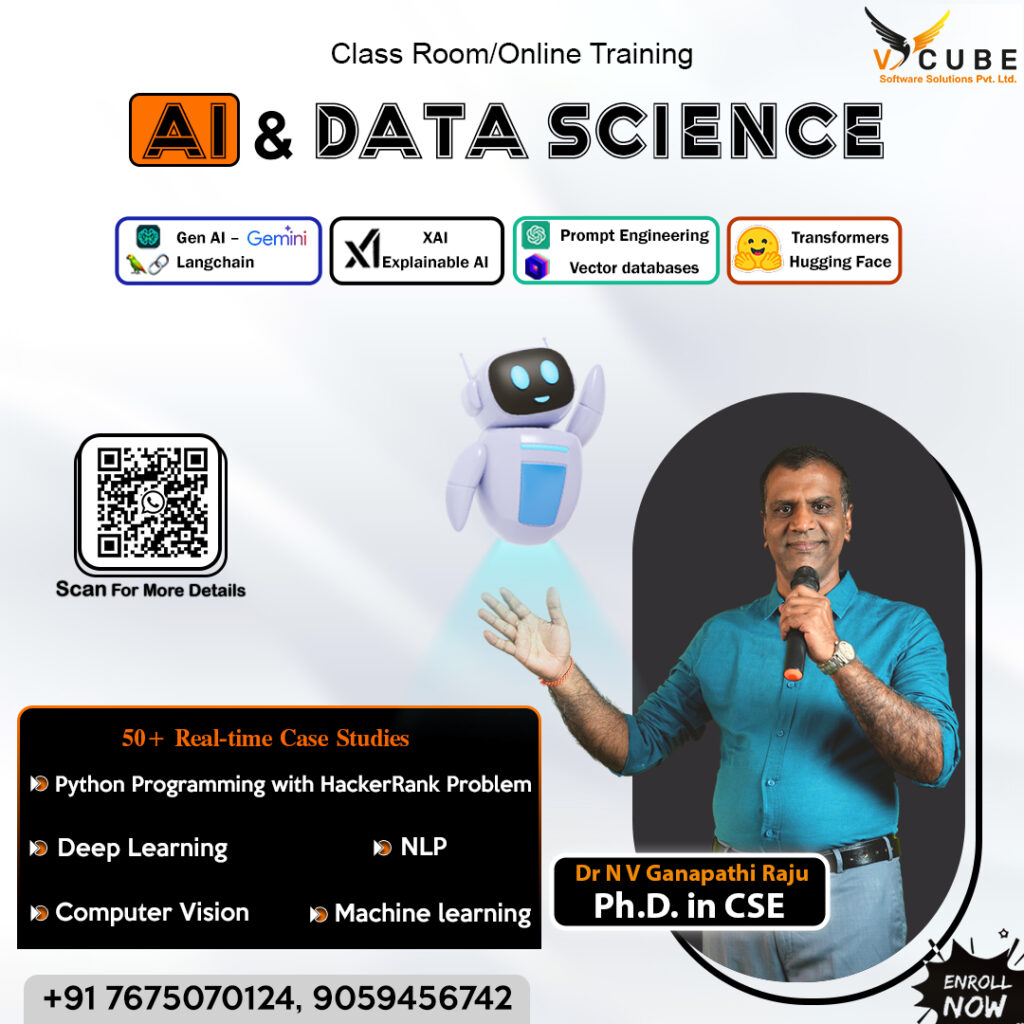 V Cube's curriculum includes case studies and projects using datasets and tools across analytics, Machine Learning, and Deep Learning.