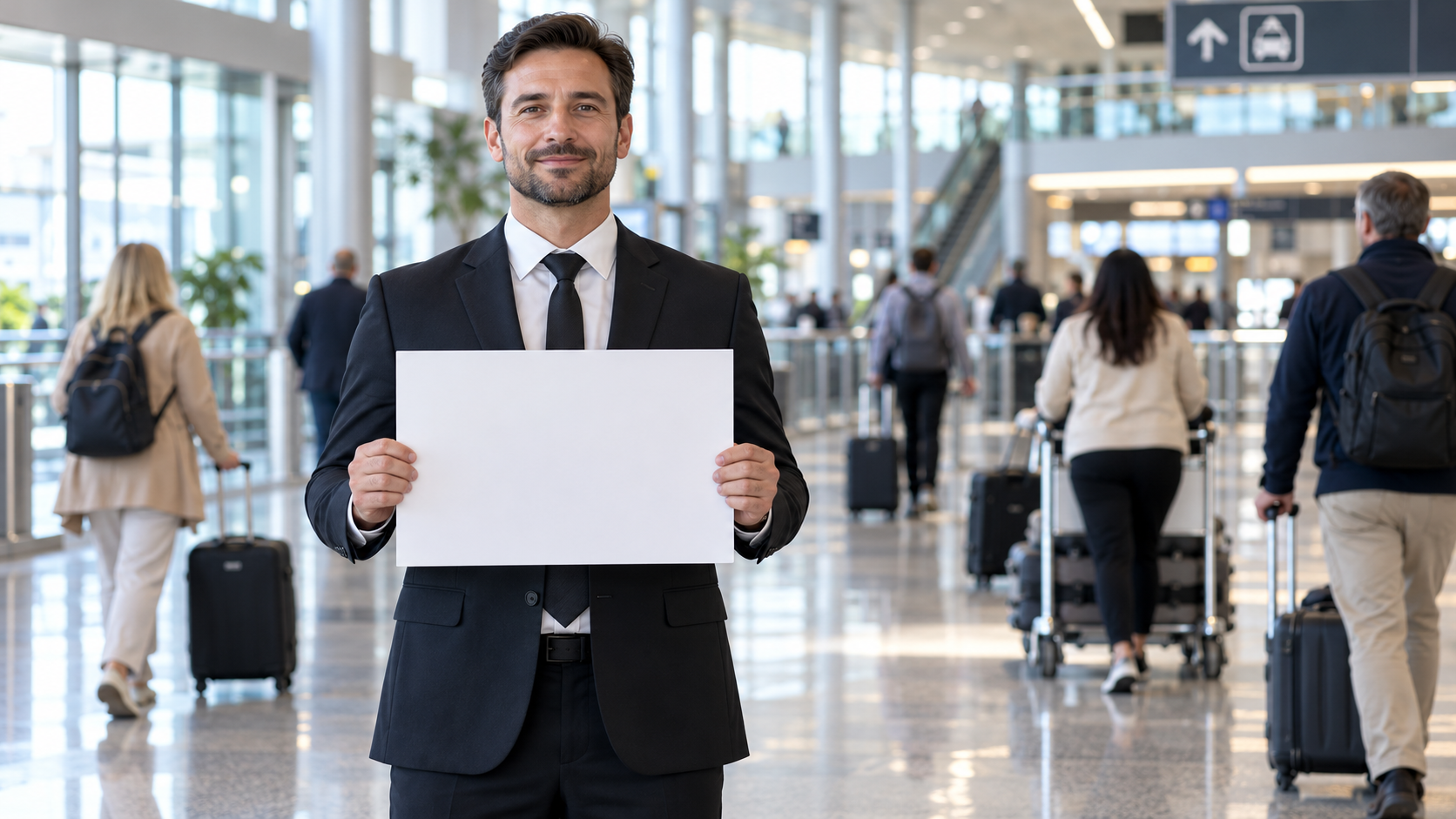 Driver holding a name board in an airport arrivals hall as travellers walk past with luggage.