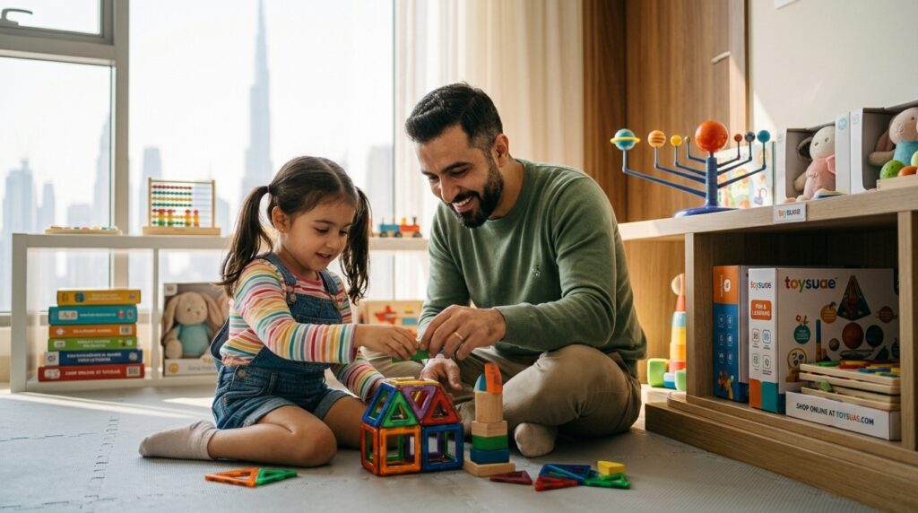 A child playing with educational building blocks on the floor alongside her parent, with toys from ToysUAE visible in a bright, modern room.