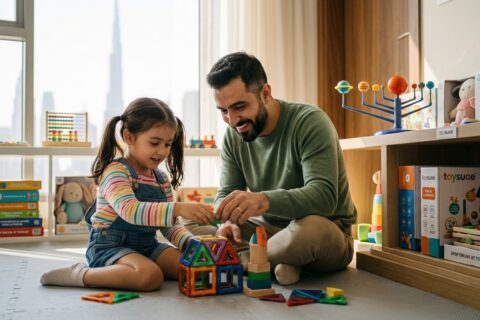 A child playing with educational building blocks on the floor alongside her parent, with toys from ToysUAE visible in a bright, modern room.