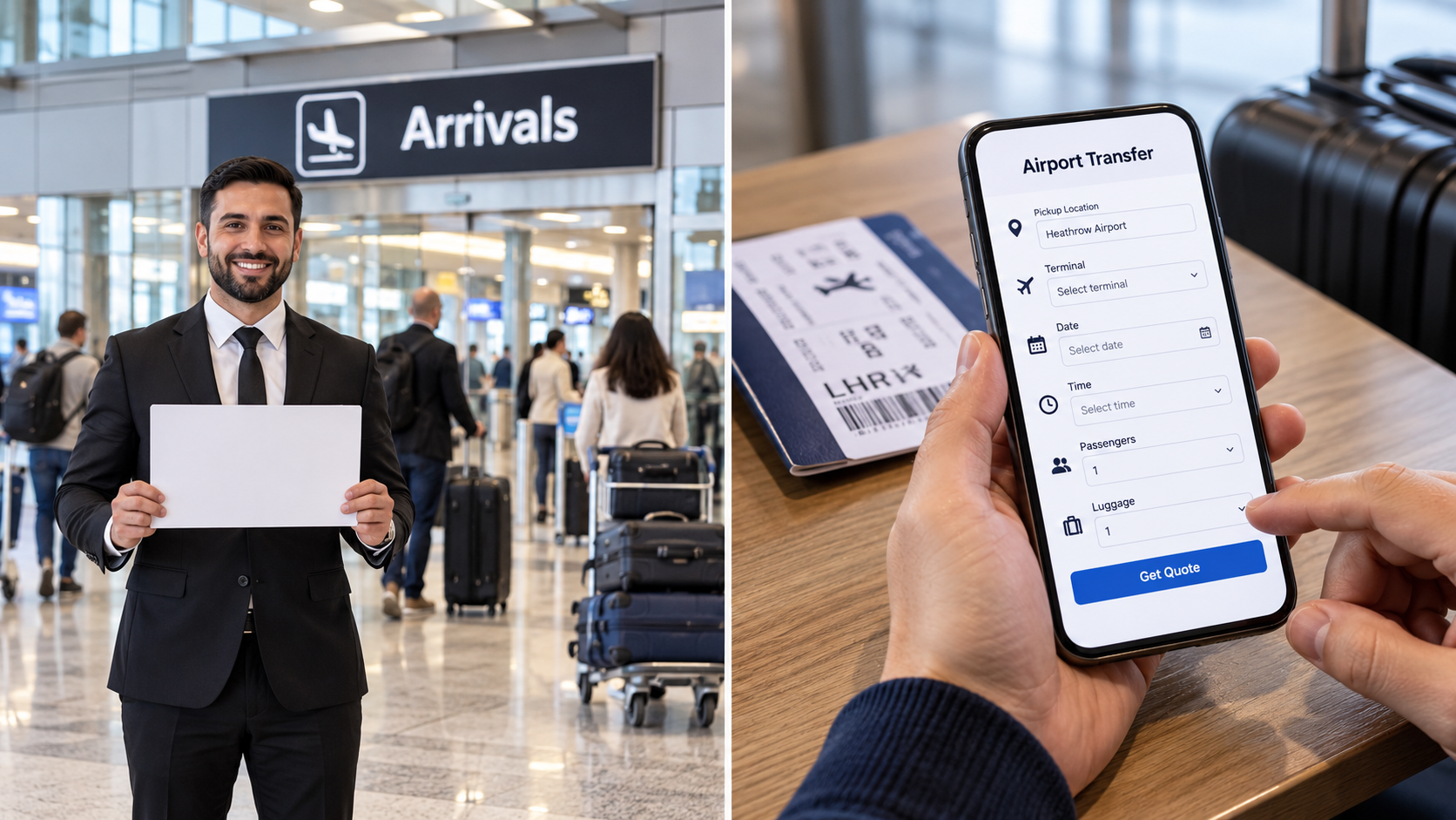 Traveller filling in an airport transfer booking form on a smartphone next to a boarding pass.