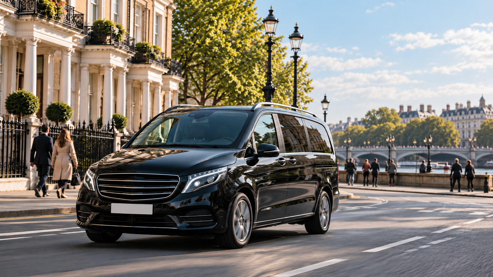 People carrier driving along a central London street lined with period buildings.