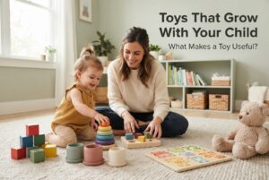Colorful building blocks, stacking rings, puzzles, and baby toys arranged in a bright play area for growing children.